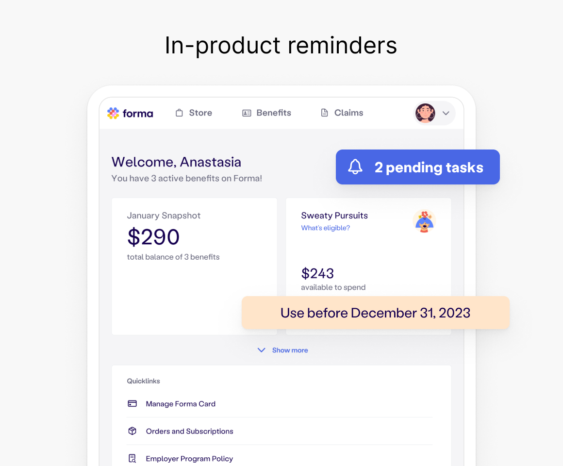 In-product reminders — dashboard with pending tasks and expiring benefit alert