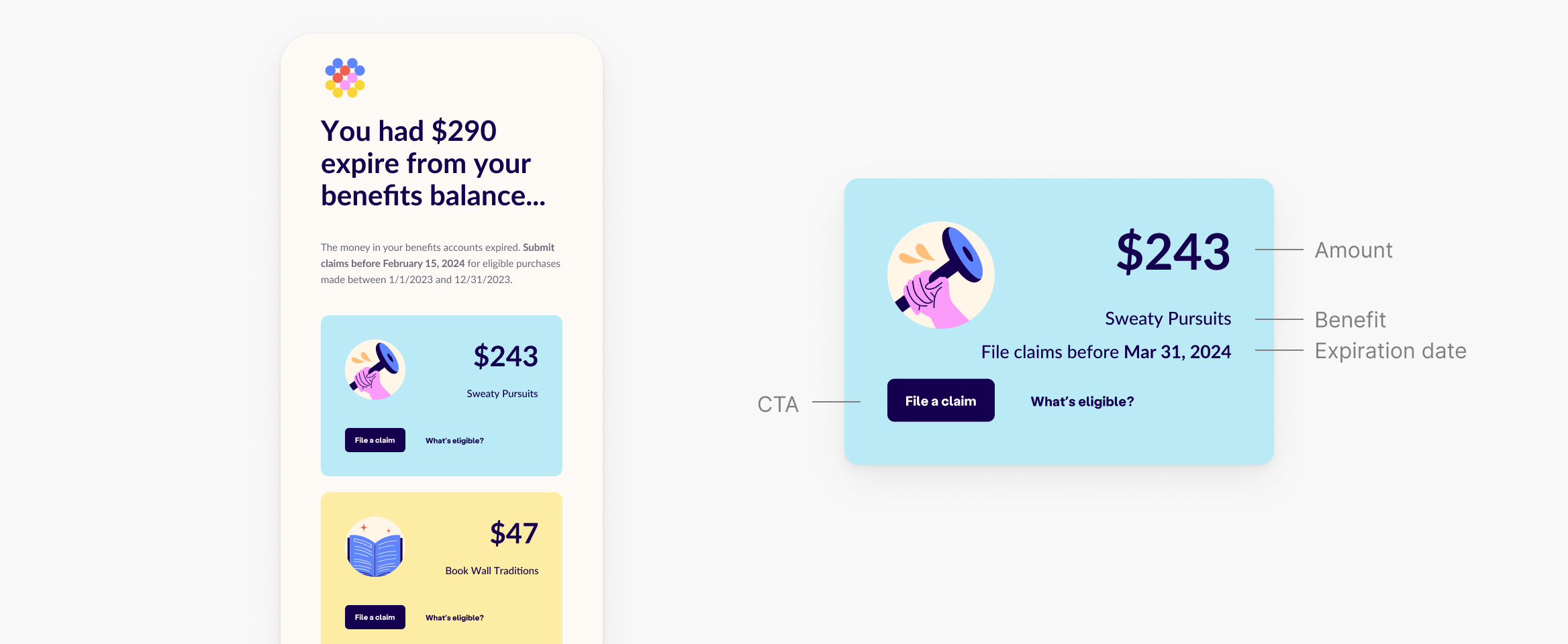 Email notification — expiring benefits reminder with claim CTA