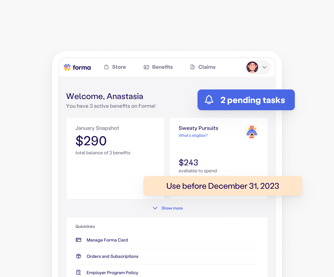 In-product reminders — dashboard with pending tasks and expiring benefit alert