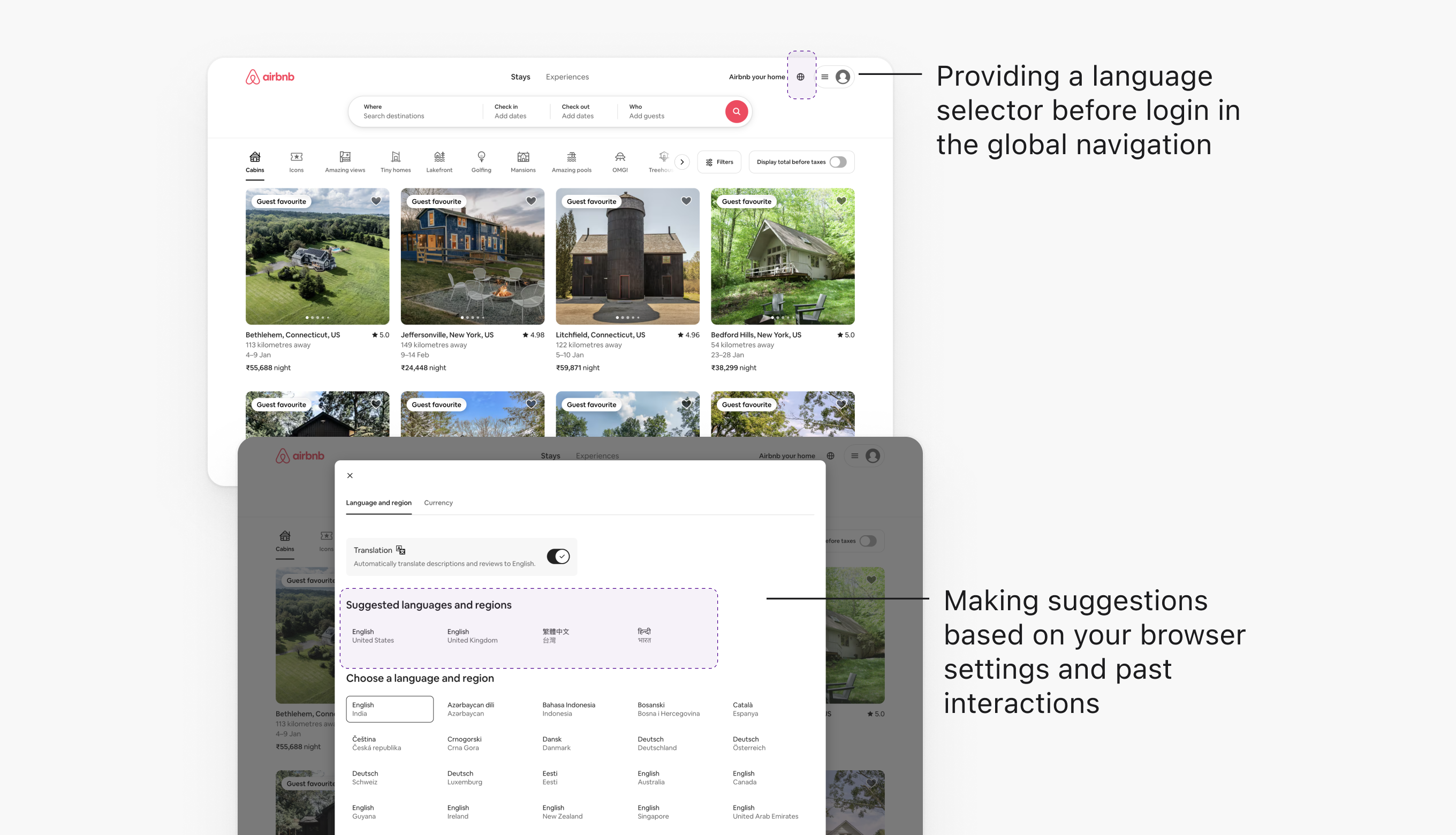Airbnb language selector before login