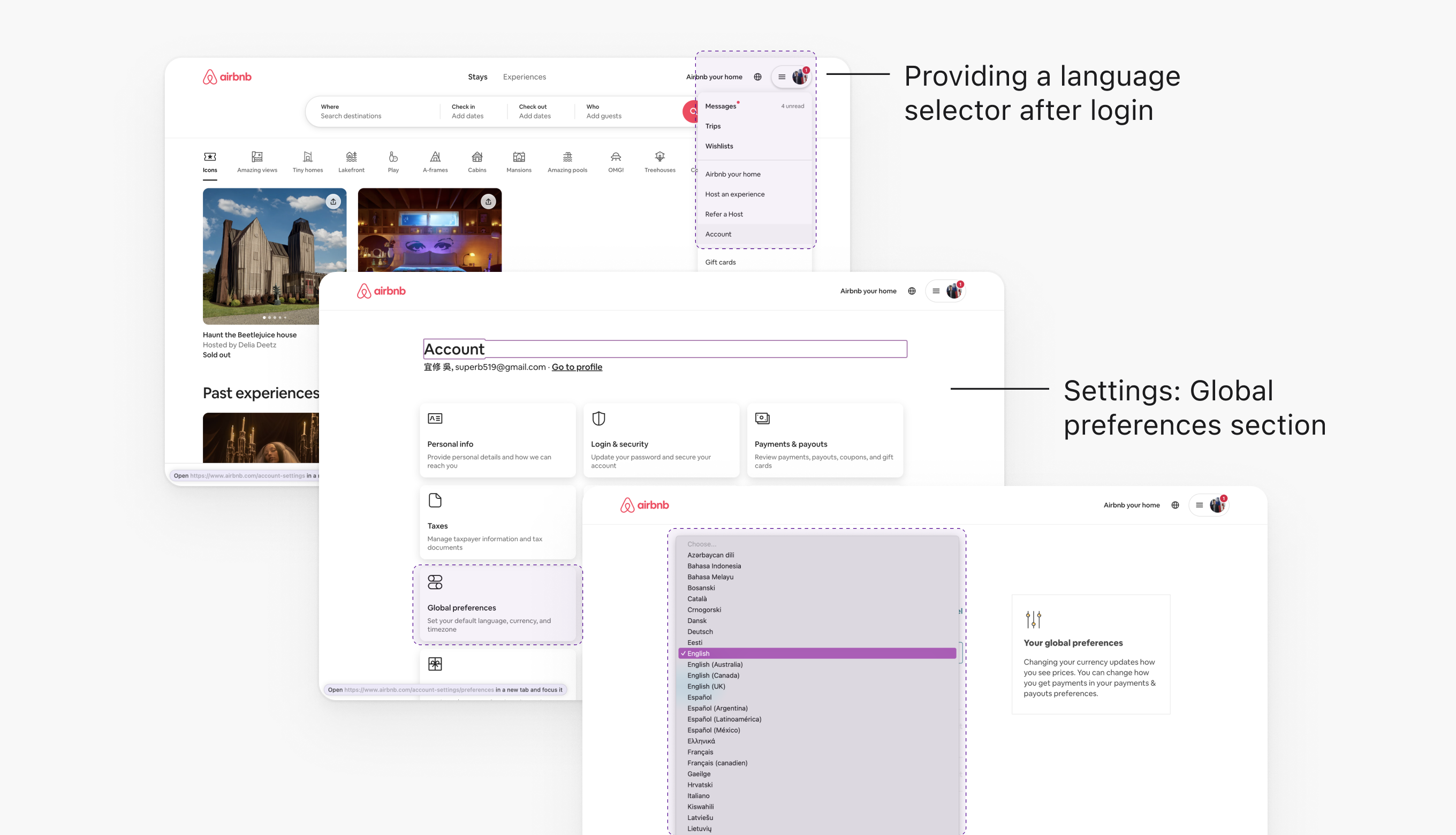 Airbnb language selector post-login